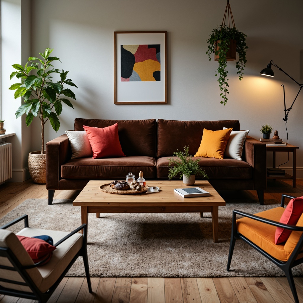 Prompt: Mid-century modern living room, sleek wooden coffee table, plush velvet sofa, minimalist metal armchairs, rustic wooden side tables, vibrant colorful throw pillows, natural fiber area rug, industrial metal floor lamp, warm ambient lighting, 3/4 composition, shallow depth of field, realistic textures, ambient occlusion.