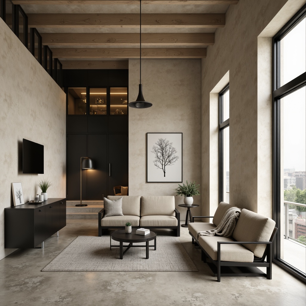 Prompt: Monochromatic modern interior, sleek minimalist decor, neutral beige walls, polished concrete floors, industrial metal accents, matte black furniture, soft warm lighting, subtle texture contrasts, natural material blends, earthy tone color scheme, calming atmosphere, 1/1 composition, realistic renderings, ambient occlusion, shallow depth of field.