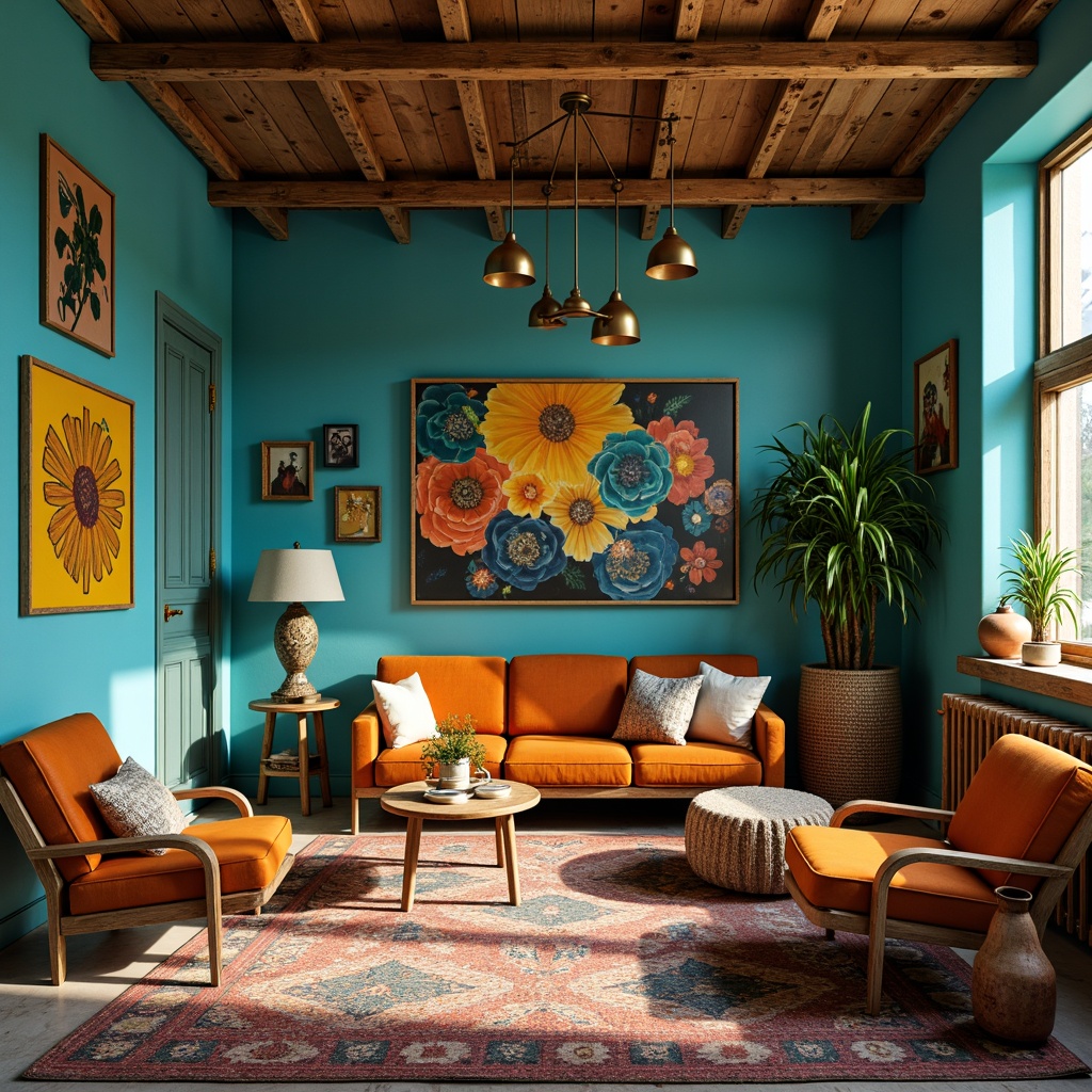 Prompt: Vibrant eclectic interior, bold color blocking, rich turquoise walls, warm golden accents, distressed wood furniture, plush velvet textiles, metallic bronze lighting, geometric patterned rugs, abstract artwork, bohemian-inspired decor, mix-and-match styling, unconventional layout, cozy reading nooks, natural stone flooring, earthy terracotta pottery, whimsical accessories, eclectic vintage collectibles, softbox lighting, cinematic composition, high-contrast colors, artistic expressions.