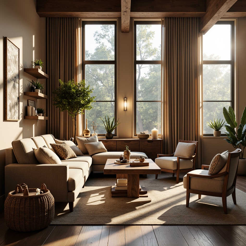 Prompt: Cozy living room, plush sofas, velvet armchairs, wooden coffee tables, decorative vases, soft cushions, woven baskets, natural fiber rugs, minimalist shelves, industrial metal lamps, warm beige walls, large windows, dramatic curtains, afternoon sunlight, soft focus, shallow depth of field, 2/3 composition.