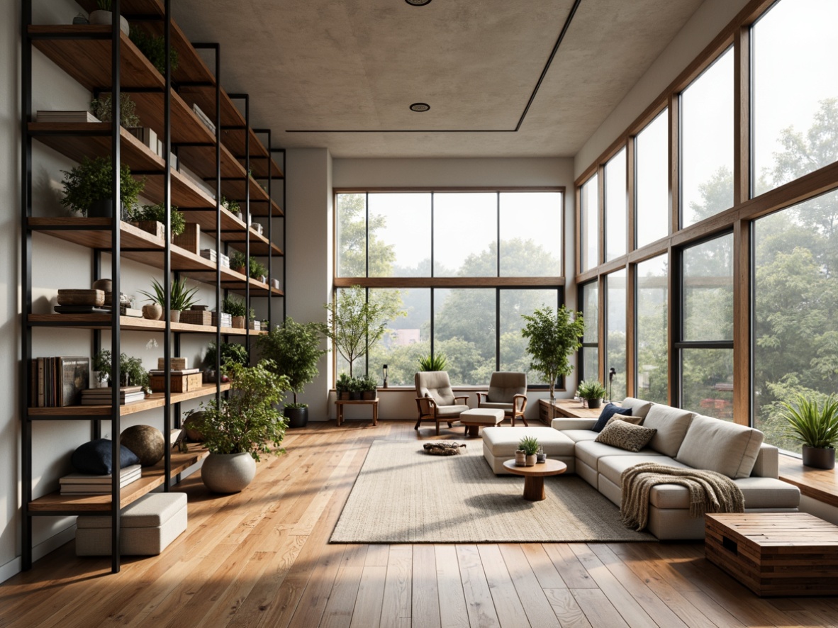 Prompt: Minimalist living room, open shelving units, wooden planks, industrial metal frames, rustic decor, potted greenery, natural textiles, cozy reading nook, floor-to-ceiling windows, abundant natural light, soft warm ambiance, shallow depth of field, 2/3 composition, realistic wood textures, ambient occlusion, Scandinavian-inspired aesthetic.