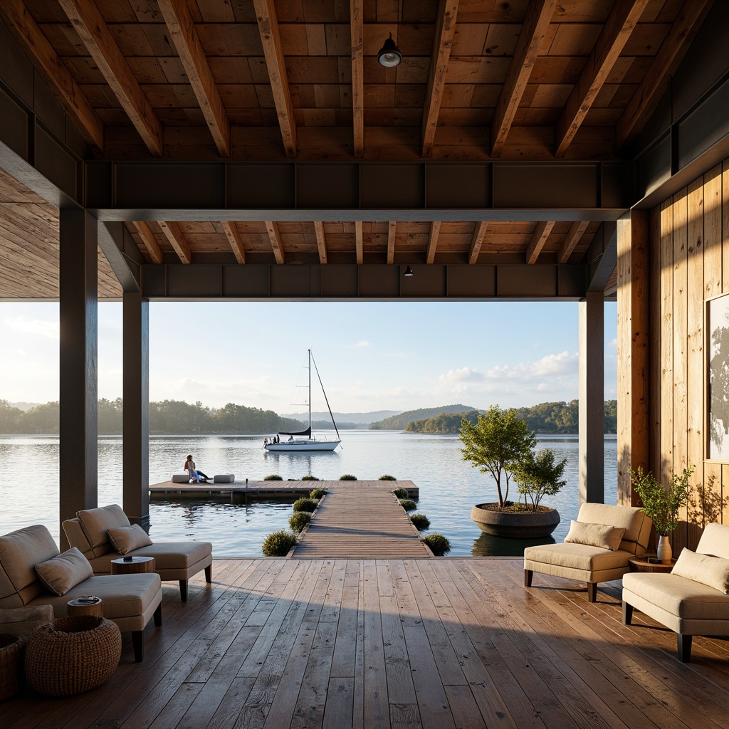 Prompt: Waterfront location, serene lake views, wooden dock, sailboats, modern boathouse, Bauhaus-inspired design, minimalist aesthetic, open floor plan, high ceilings, floor-to-ceiling windows, natural light, reclaimed wood accents, industrial metal beams, monochromatic color scheme, functional simplicity, cozy reading nooks, plush furnishings, abstract artwork, geometric patterns, warm ambient lighting, soft shadows, shallow depth of field, 2/3 composition, cinematic perspective.