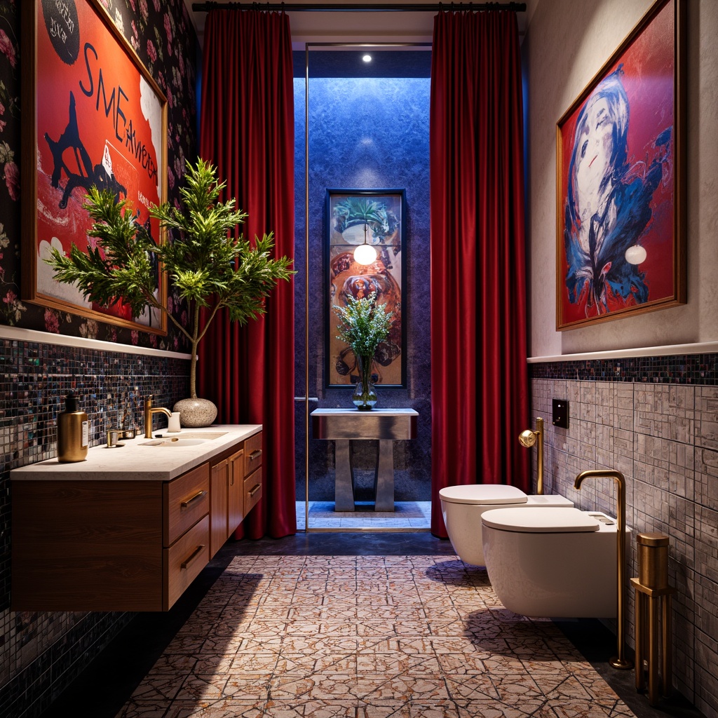 Prompt: Vibrant bathroom, bold color scheme, eclectic pattern mix, ornate fixtures, abstract artwork, luxurious velvet drapes, metallic accents, LED lighting, futuristic sink design, geometric tile patterns, iridescent glass mosaics, rich wood cabinetry, marble countertops, statement wallpaper, moody atmospheric ambiance, shallow depth of field, 1/1 composition, dramatic shadows, high-contrast textures.