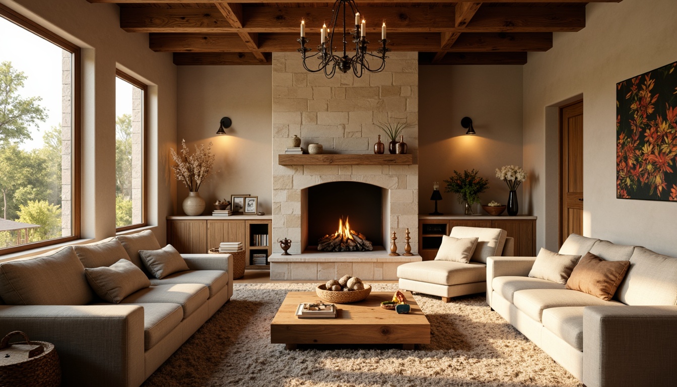 Prompt: Cozy great room, warm beige walls, rich wood furniture, plush area rug, comfortable seating, soft golden lighting, natural stone fireplace, earthy tone accents, rustic wooden beams, elegant chandelier, calm atmosphere, serene ambiance, harmonious color scheme, analogous color palette, soothing pastel hues, gentle warm neutrals, subtle texture contrasts, inviting cozy nooks, relaxing reading areas, warm candlelight, atmospheric shading, soft focus, 1/2 composition.