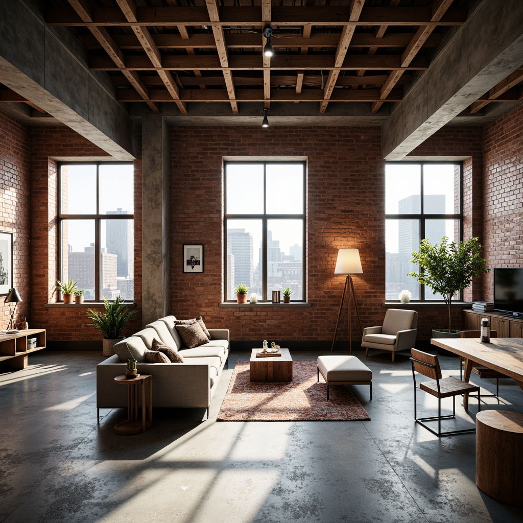 Prompt: Urban loft apartment, exposed brick walls, polished concrete floors, industrial-style metal beams, minimalist decor, reclaimed wood accents, large windows, cityscape views, modern furniture pieces, eclectic art collections, warm ambient lighting, shallow depth of field, 1/1 composition, soft focus, realistic textures, subtle color palette.