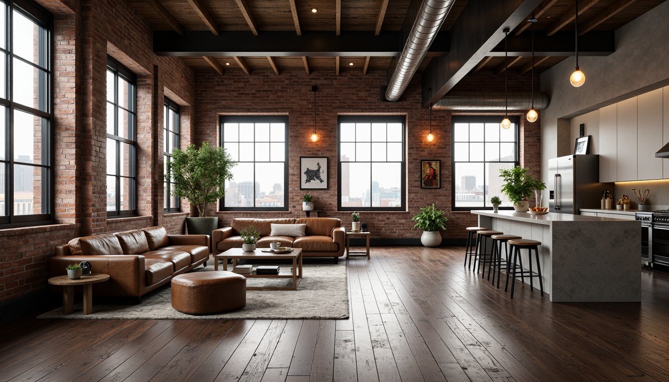 Prompt: Exposed brick walls, industrial metal beams, reclaimed wooden floors, Edison bulb lighting, urban cityscape views, modern minimalist decor, distressed leather sofas, metal frame coffee tables, abstract art pieces, concrete countertops, stainless steel appliances, exposed ductwork, high ceilings, large windows, natural light pouring in, 1/1 composition, low-key warm lighting, gritty textures, atmospheric misting.