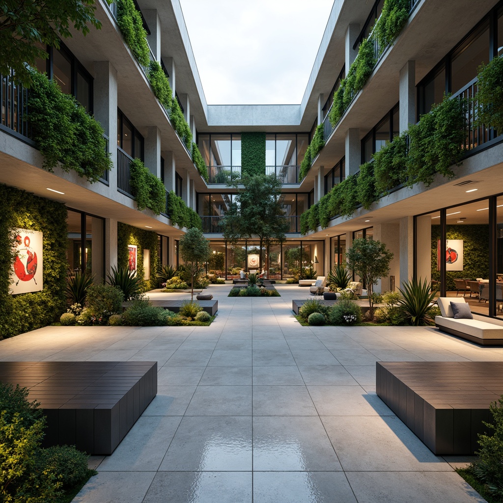 Prompt: Minimalist courtyard, polished concrete floors, sleek metal benches, lush green walls, modern sculptures, abstract art pieces, floor-to-ceiling glass windows, sliding glass doors, natural ventilation systems, energy-efficient lighting, warm ambient glow, shallow depth of field, 1/1 composition, panoramic view, realistic textures, ambient occlusion.