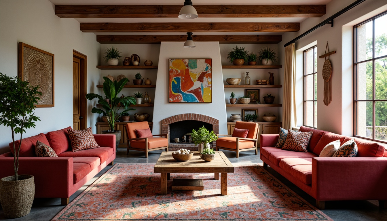 Prompt: Vibrant eclectic family room, plush velvet sofas, distressed wood coffee tables, Moroccan-inspired tiles, colorful woven baskets, macrame wall hangings, eclectic art pieces, natural fiber rugs, abstract patterned throw pillows, industrial metal light fixtures, reclaimed wood shelving units, cozy reading nooks, warm ambient lighting, shallow depth of field, 1/1 composition, intimate atmosphere, soft focus effect.