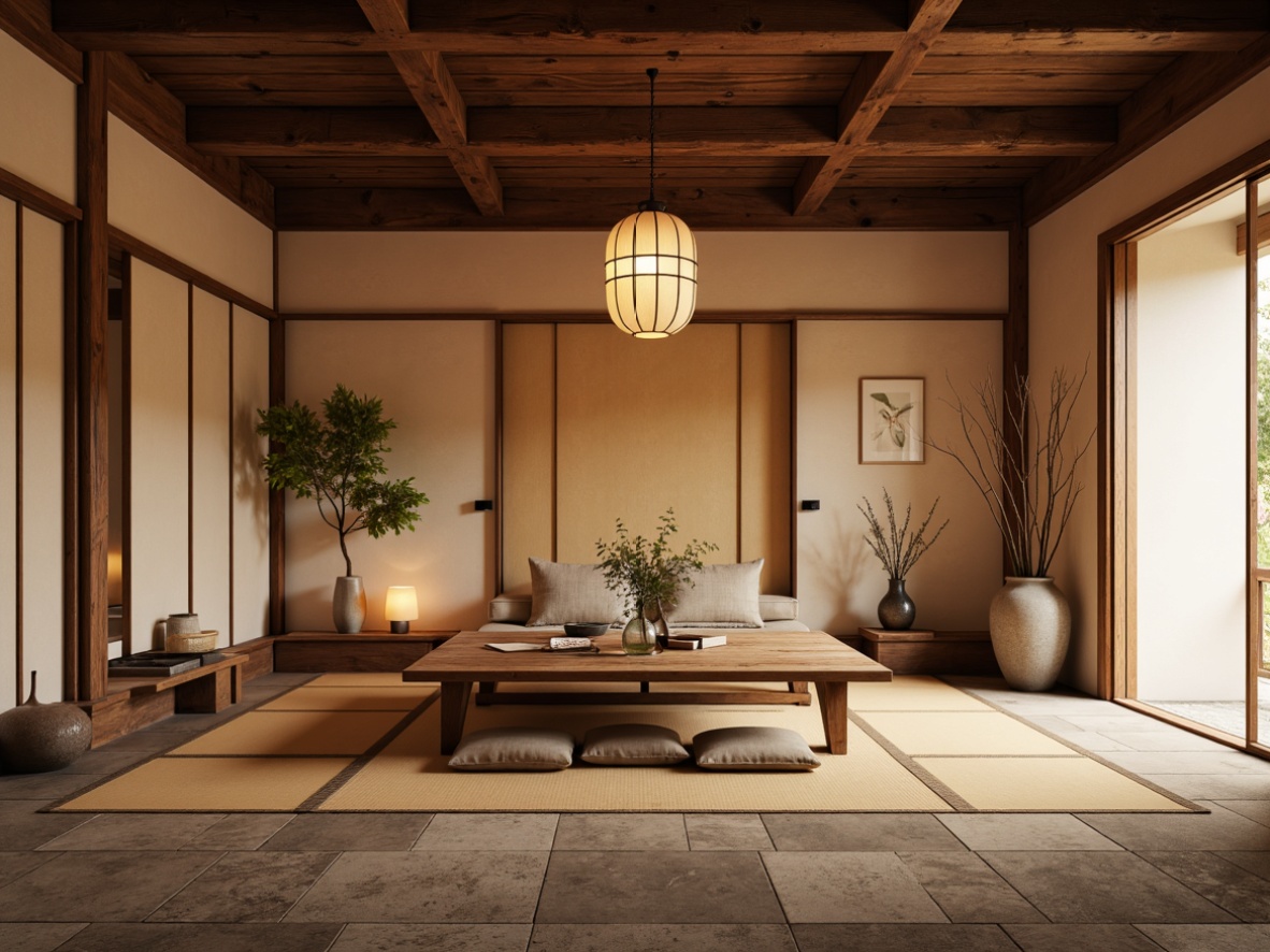 Prompt: Traditional Japanese-style room, sliding shoji doors, natural wood accents, warm paper lanterns, handcrafted washi paper walls, subtle rice paper textures, earthy clay tone, soft diffused lighting, minimalist decor, elegant simplicity, serene ambiance, traditional tatami mats, low-seating furniture, gentle color palette, natural materials, organic forms, distressed wooden beams, aged stone flooring, rustic metal fixtures, vintage ceramic vases.