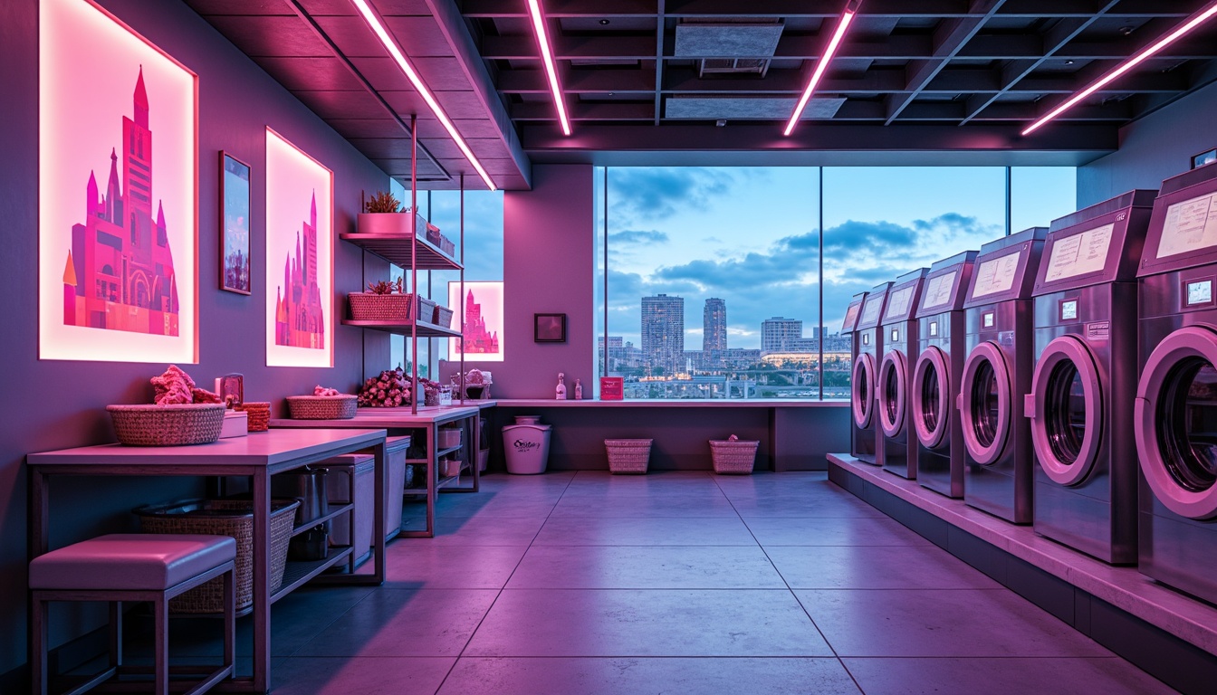 Prompt: Vibrant neon laundry room, iridescent washing machines, glowing detergent packaging, metallic silver dryers, futuristic control panels, soft pulsing lights, pastel-colored laundry baskets, sleek glass countertops, minimalist shelving units, modern industrial architecture, urban cityscape background, cloudy sky with sunbeams, warm atmospheric lighting, shallow depth of field, 1/1 composition, realistic reflections, ambient occlusion.