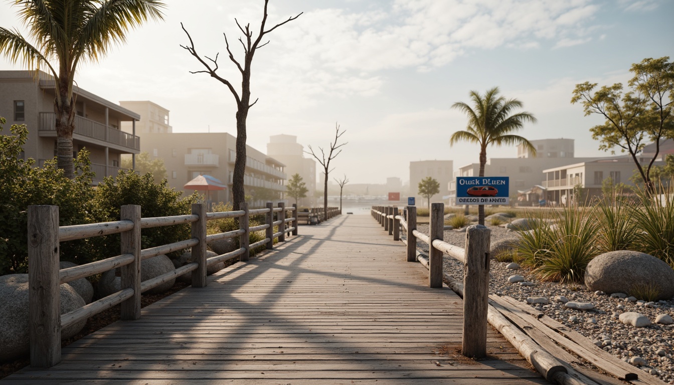 Prompt: Weathered wooden docks, driftwood decorations, rustic beach signs, nautical ropes, ocean-inspired sculptures, sandy dunes, sea shells, pebbles, rocky shores, misty mornings, soft warm lighting, shallow depth of field, 3/4 composition, panoramic view, realistic textures, ambient occlusion.