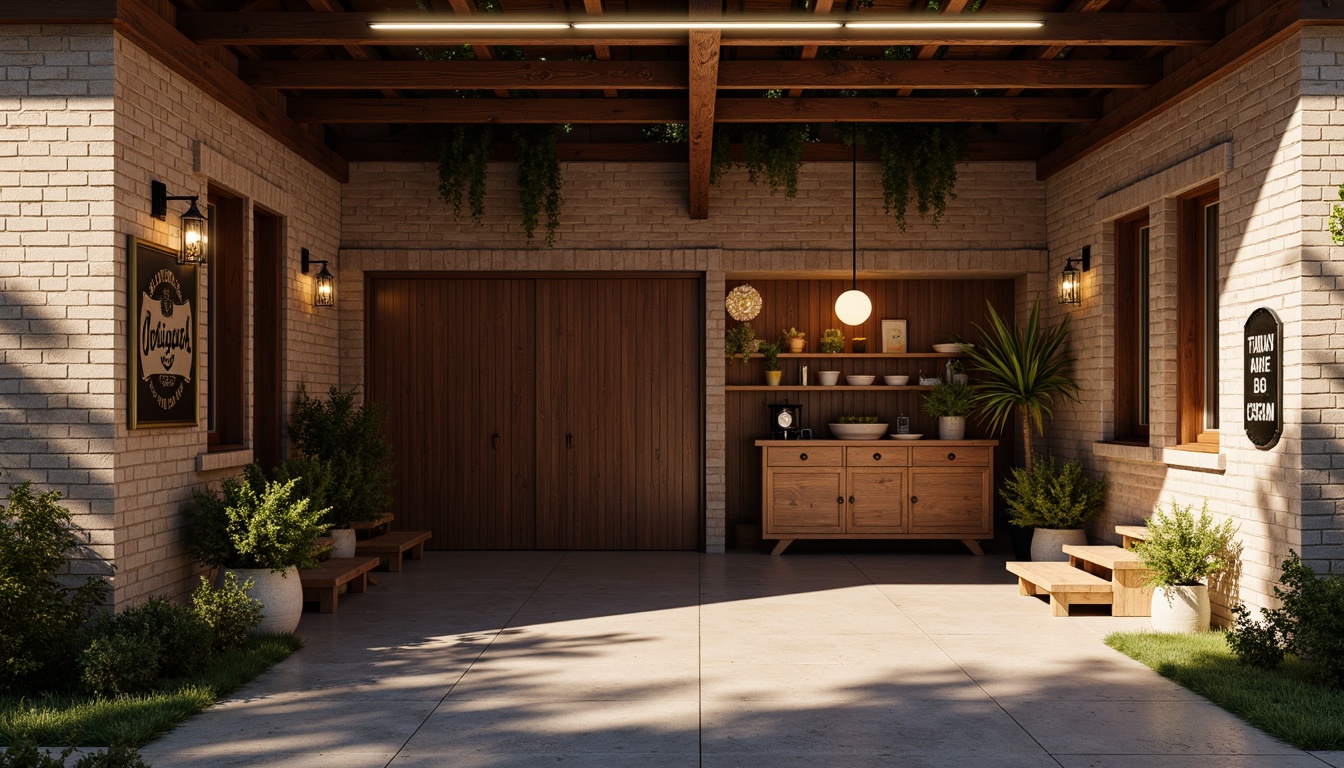 Prompt: Warm family garage, classic architectural style, rustic wooden doors, vintage metal signs, distressed brick walls, exposed wooden beams, soft warm lighting, pendant lamps, metal shades, LED strips, cozy atmosphere, afternoon sunbeams, subtle shadows, 1/2 composition, realistic textures, ambient occlusion.