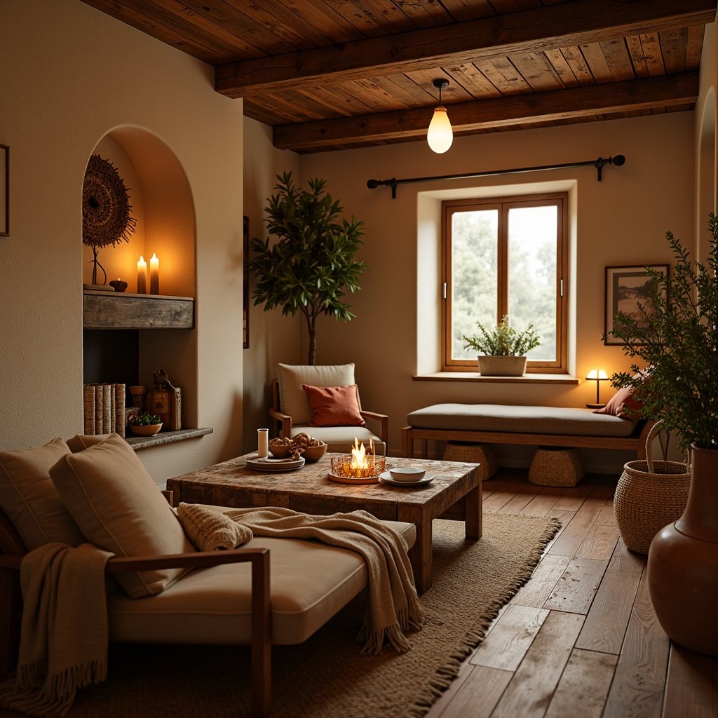 Prompt: Warm candlelight, soft beige walls, rich walnut wood accents, plush velvet fabrics, cozy throw blankets, comfortable pillows, earthy terracotta pots, natural woven baskets, vintage distressed finishes, warm golden lighting, inviting atmosphere, 1/2 composition, shallow depth of field, realistic textures, ambient occlusion.