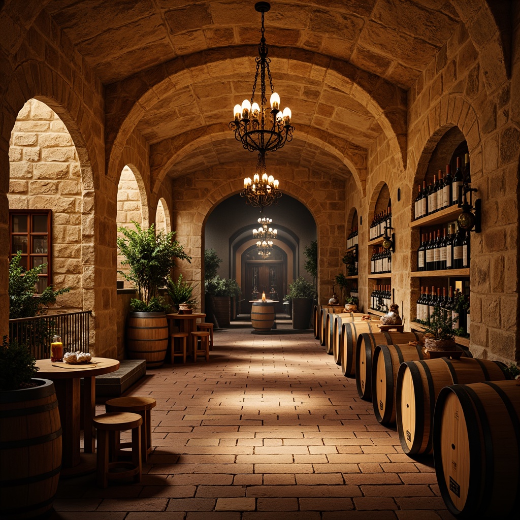 Prompt: Earth-toned stone walls, rustic wooden barrels, dim warm lighting, richly textured brick floors, ornate metalwork, curved archways, natural limestone accents, elegant chandeliers, vintage wine-making equipment, distressed wood shelves, Tuscan-inspired color palette, soft warm ambiance, romantic candlelight, 1/2 composition, shallow depth of field, realistic stone textures, ambient occlusion.