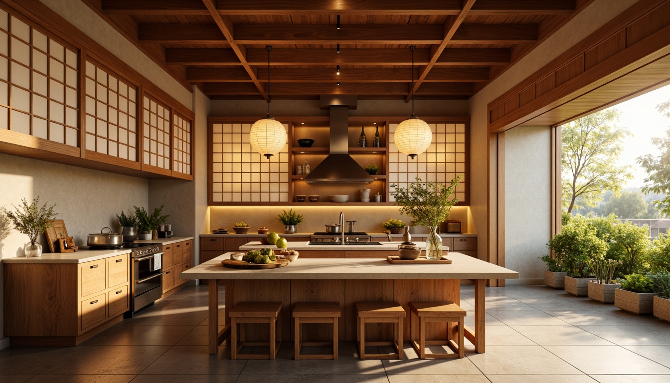 Prompt: Warm Asian-style kitchen, traditional Shoji screens, natural wood cabinetry, stone countertops, earthy tone flooring, soft warm lighting, pendant lanterns, under-cabinet LED strips, recessed ceiling lights, warm beige walls, minimalist decor, subtle aromas, morning sunlight, shallow depth of field, 1/2 composition, realistic textures, ambient occlusion.