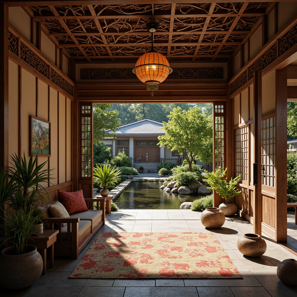 Prompt: Intricate wooden carvings, vibrant silk fabrics, delicate paper lanterns, traditional Asian pottery, ornate metalwork, natural stone flooring, bamboo accents, lush greenery, serene water features, tranquil koi ponds, authentic Japanese sliding doors, warm soft lighting, subtle incense aromas, 3/4 composition, shallow depth of field, panoramic view, realistic textures, ambient occlusion.