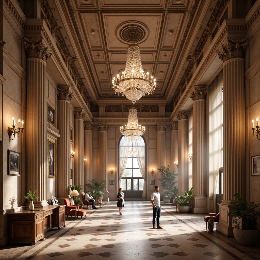 Prompt: Grand hall, classical architecture, ornate columns, Corinthian capitals, Ionic volutes, marble floors, high ceilings, crystal chandeliers, intricate moldings, luxurious fabrics, elegant furniture, refined lighting, soft warm glow, shallow depth of field, 1/1 composition, symmetrical layout, realistic textures, ambient occlusion.