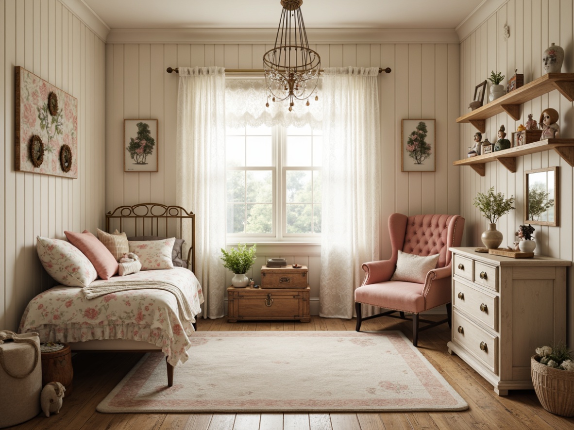 Prompt: Whimsical kid's room, soft pastel colors, distressed wood furniture, vintage floral patterns, lace curtains, ruffled bedding, antique trunks, ornate metal frames, porcelain dolls, faded velvet armchairs, rustic wooden shelves, creamy whites, warm beige tones, natural fabrics, delicate carvings, elegant chandeliers, romantic ambiance, dreamy lighting, 1/1 composition, soft focus, gentle color palette.