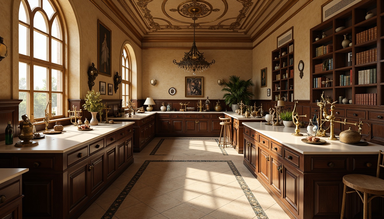 Prompt: Richly ornate laboratory, warm beige walls, creamy white countertops, dark wood cabinetry, polished brass fixtures, vintage scientific instruments, distressed leather-bound tomes, soft golden lighting, subtle shadows, 2.5D composition, realistic textures, ambient occlusion, classical architectural details, ornate moldings, elegant archways, sophisticated color harmony, muted earth tones, rich jewel tones, luxurious velvet drapes, refined metallic accents.