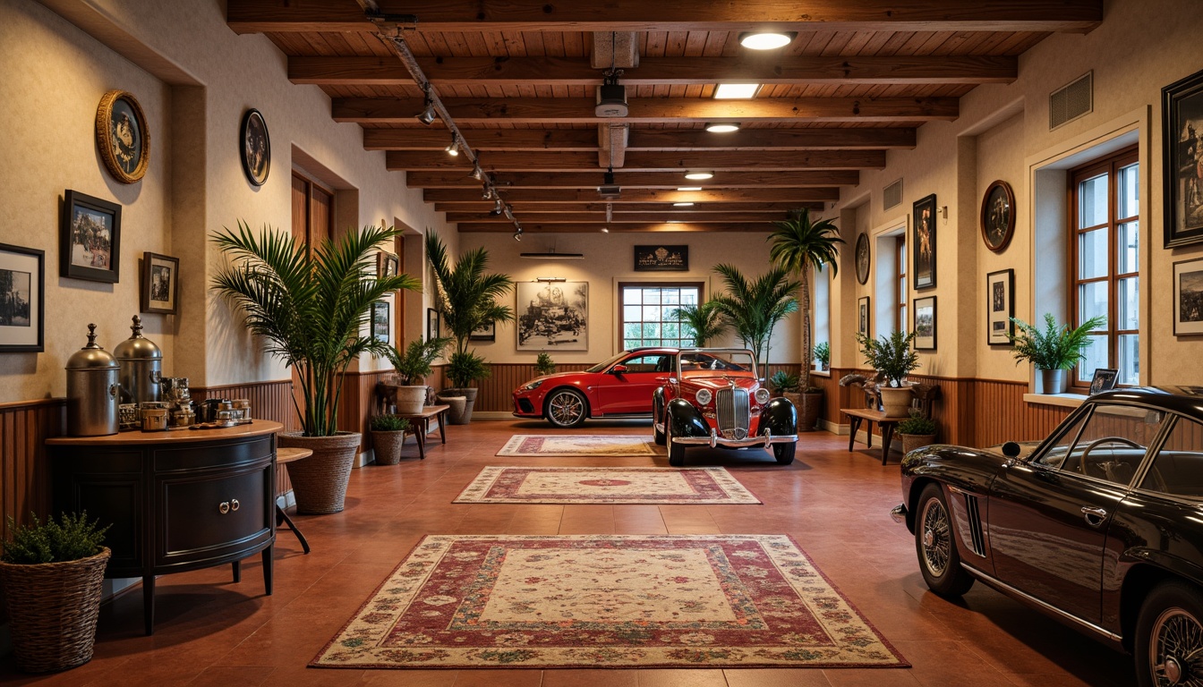 Prompt: Elegant garage interior, traditional classicism style, warm earthy tones, terracotta floors, rustic wooden accents, vintage car displays, nostalgic memorabilia, brick-red walls, cream-colored ceilings, ornate metalwork, distressed finishes, subtle patterned rugs, ambient soft lighting, shallow depth of field, 1/2 composition, realistic textures, warm color palette.