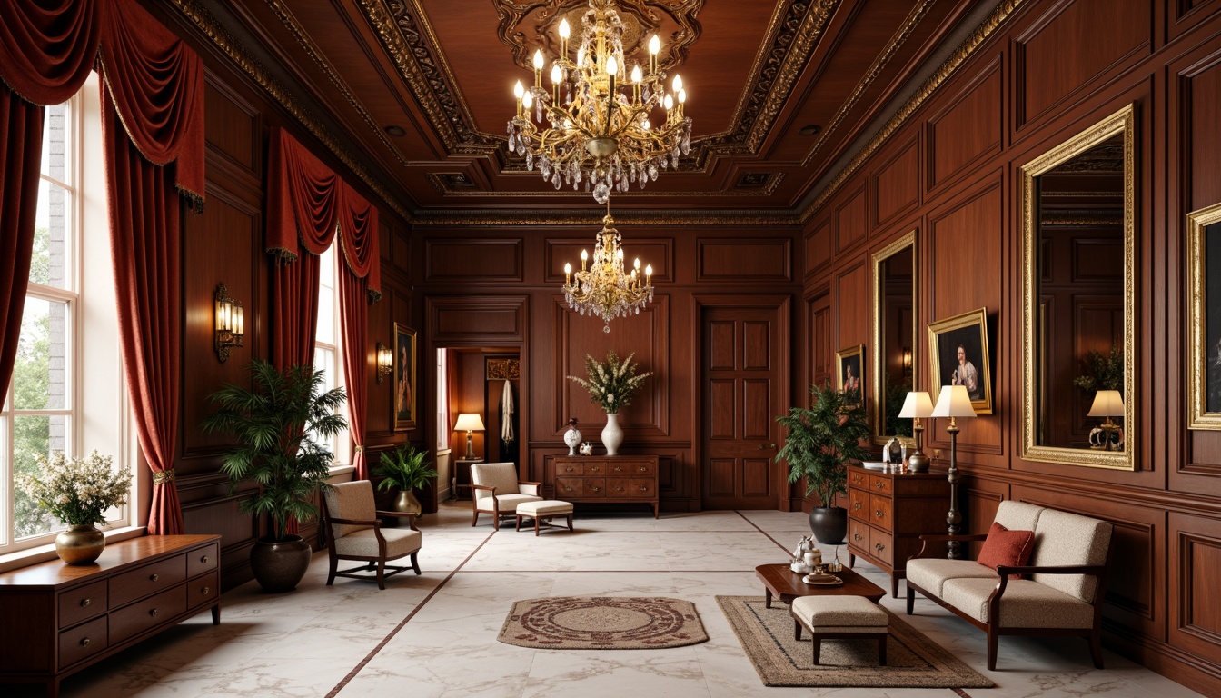 Prompt: Rich wood paneling, ornate carvings, gilded accents, intricate moldings, velvet drapes, marble flooring, high ceilings, grand chandeliers, luxurious fabrics, golden frames, ornamental mirrors, classic furniture pieces, subtle texture contrasts, warm color palette, soft diffused lighting, 1/1 composition, atmospheric rendering.