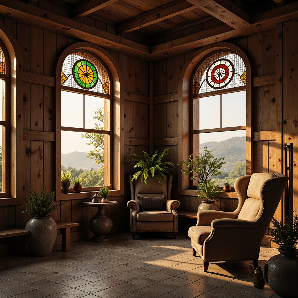 Prompt: Rustic wooden frames, ornate metalwork details, stained glass panels, arched windows, asymmetrical compositions, earthy tones, natural textures, organic shapes, handcrafted elements, vintage hardware, distressed finishes, cinematic lighting, warm golden hour, shallow depth of field, 2/3 composition, realistic reflections, ambient occlusion.