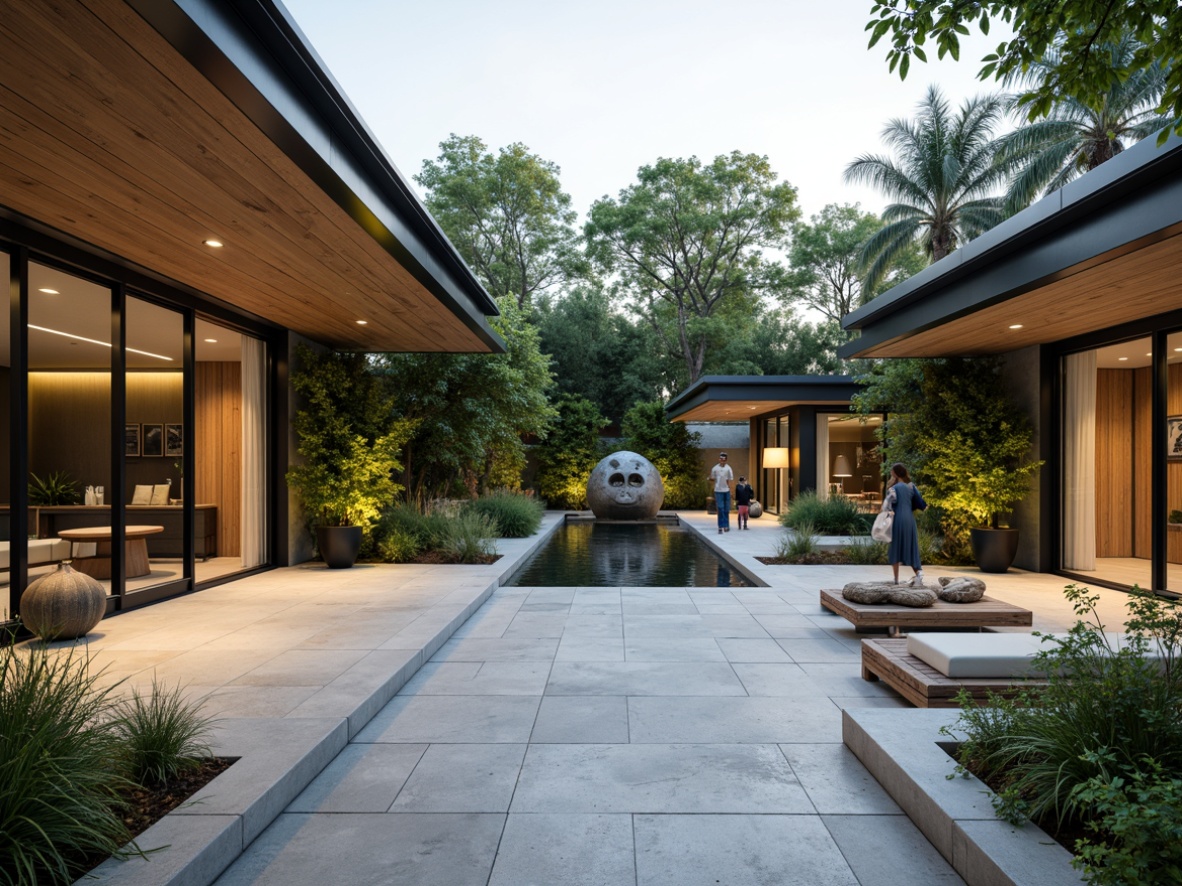 Prompt: Minimalist courtyard, sleek stone flooring, lush green walls, modern sculptures, cantilevered roofs, floor-to-ceiling windows, sliding glass doors, natural ventilation systems, rustic wooden accents, industrial metal beams, polished concrete surfaces, warm LED lighting, shallow depth of field, 3/4 composition, panoramic view, realistic textures, ambient occlusion.