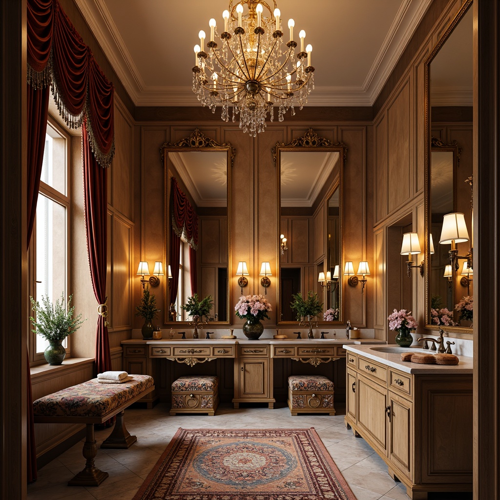 Prompt: Luxurious powder room, ornate mirrors, crystal chandeliers, velvet drapes, antique furniture, distressed wood cabinets, soft warm lighting, marble countertops, gold accents, intricate carvings, porcelain sinks, bronze fixtures, floral patterns, rich textiles, tufted ottomans, classic architectural details, shallow depth of field, 1/1 composition, warm color palette.