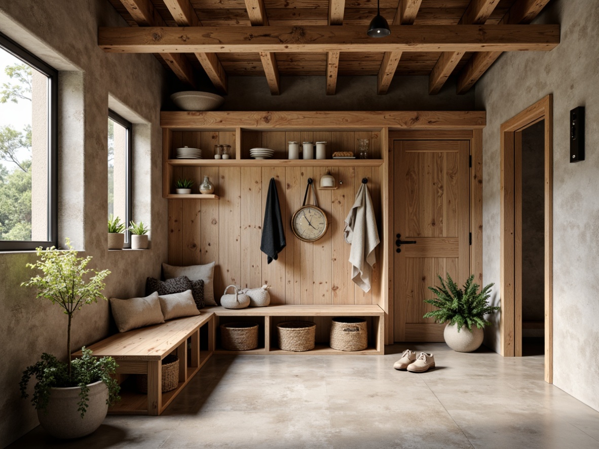 Prompt: Rustic mudroom interior, brutalist architecture style, natural materials palette, reclaimed wood accents, rough-hewn stone walls, earthy tones, raw concrete floors, industrial metal beams, minimalist lighting fixtures, wooden bench seating, woven wicker storage baskets, potted greenery, natural fiber textiles, warm ambient lighting, shallow depth of field, 1/1 composition, realistic textures, subtle atmospheric effects.