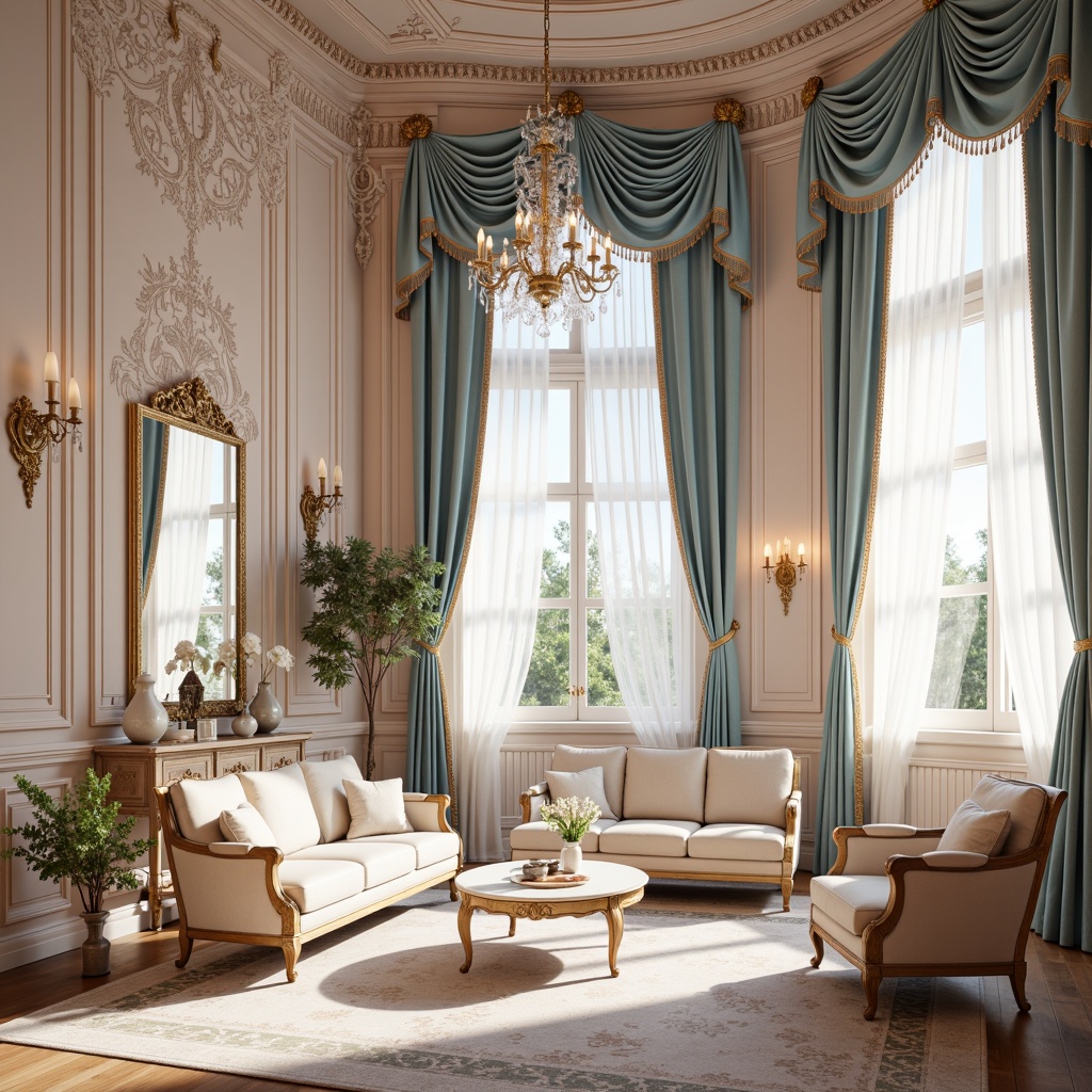 Prompt: Soft, ornate Rococo interior, pastel hues, pale pink, baby blue, creamy white, rich gold accents, intricate carvings, ornamental mirrors, lavish furnishings, velvet drapes, crystal chandeliers, delicate lace patterns, subtle gradient effects, warm candlelight, shallow depth of field, 2/3 composition, elegant, sophisticated atmosphere.