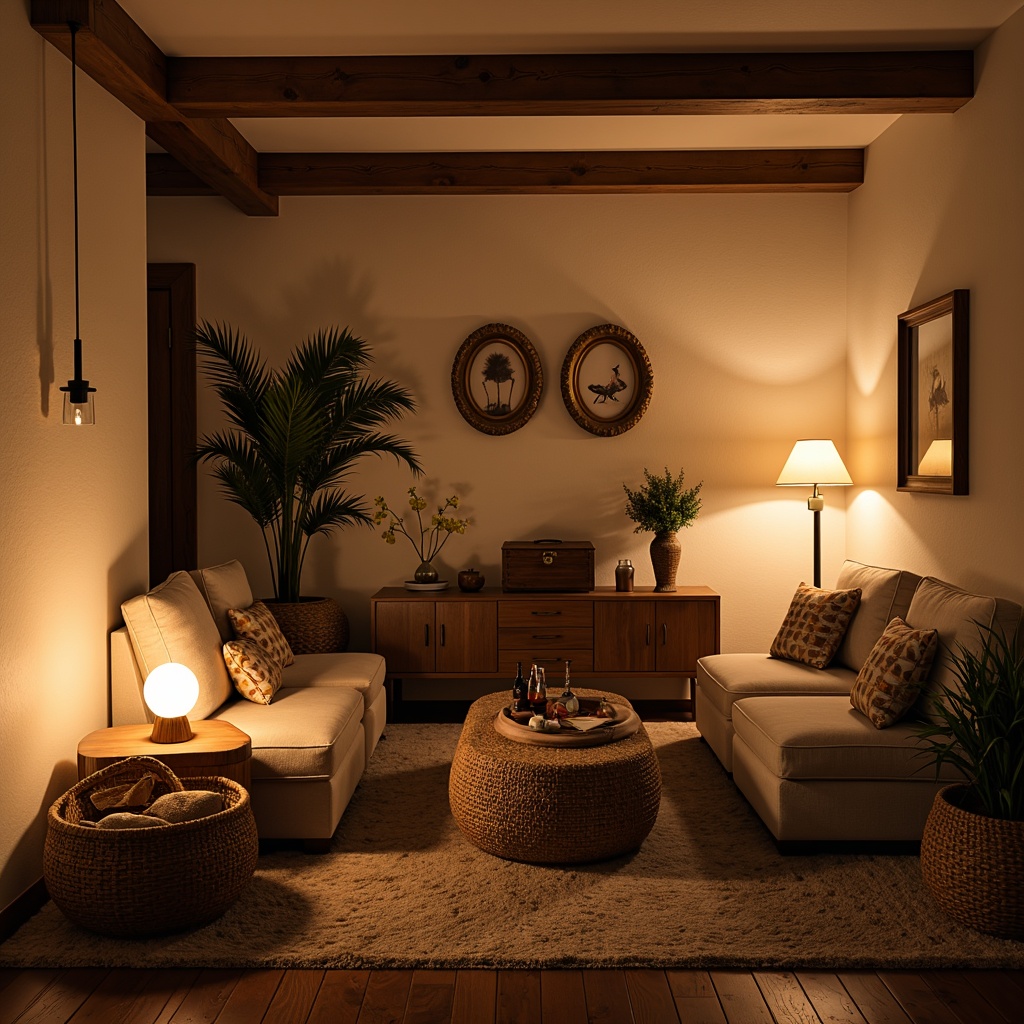 Prompt: Cozy living room, warm ambient lighting, table lamps, floor lamps, pendant lights, soft glow, warm beige walls, plush furniture, comfortable seating, natural textiles, woven baskets, wooden accents, rustic decor, earthy color palette, warm white lighting, 1/1 composition, shallow depth of field, realistic textures, ambient occlusion.