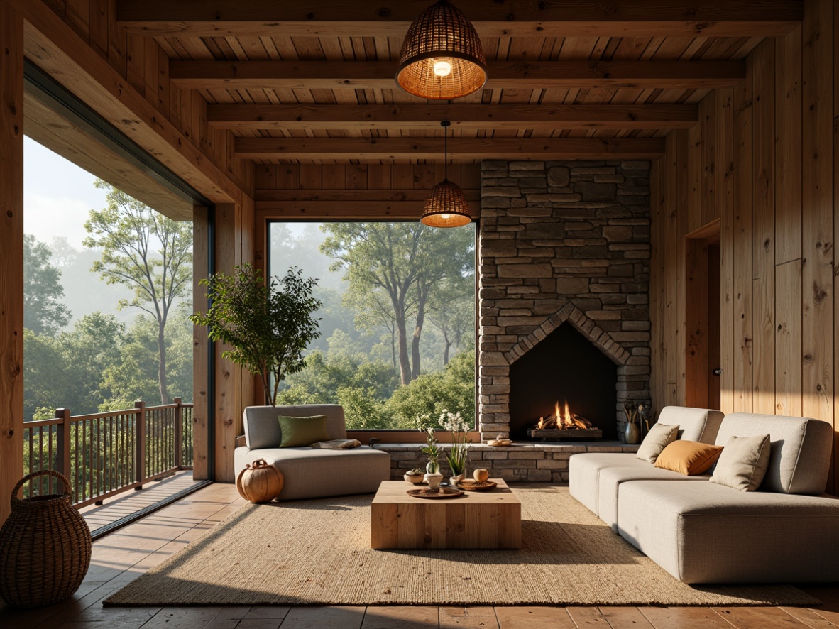 Prompt: Earthy cabin, reclaimed wood walls, natural stone fireplace, woven bamboo furniture, jute rug, organic cotton upholstery, rattan lighting fixtures, earthy color palette, warm ambient lighting, soft shadows, 1/1 composition, shallow depth of field, realistic textures, ambient occlusion, serene forest surroundings, misty morning atmosphere.