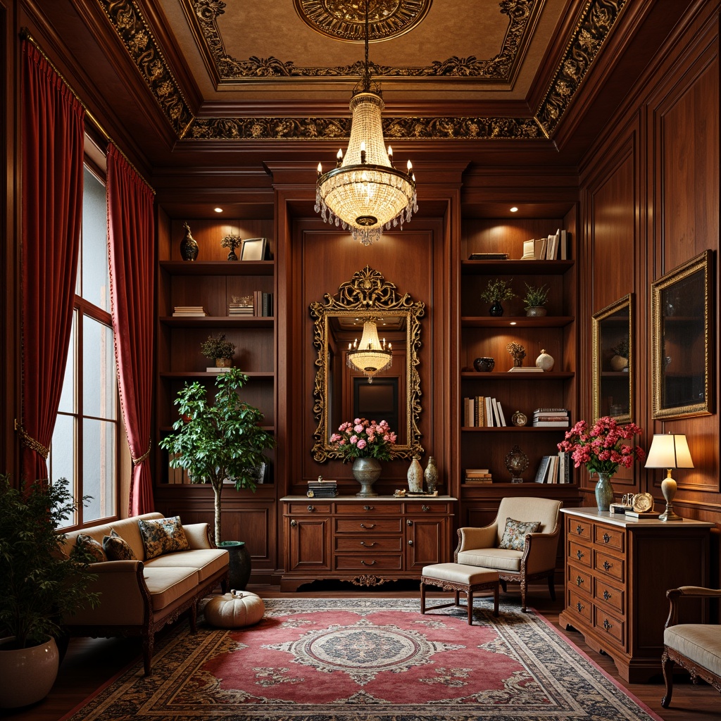 Prompt: Richly ornamented storage rooms, classicism-inspired shelving units, intricately carved wooden accents, polished brass hardware, lavish velvet drapes, ornate mirrors, warm golden lighting, soft focus, shallow depth of field, 1/1 composition, symmetrical arrangement, luxurious textiles, plush area rugs, antique-style furniture pieces, distressed wood finishes, vintage decorative items, opulent chandeliers, elegant coving details.