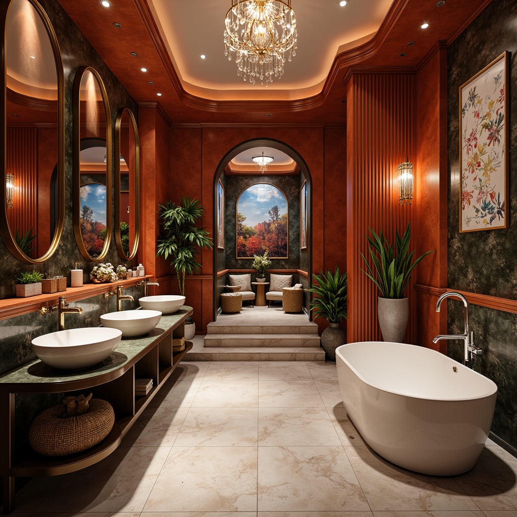 Prompt: \Dramatic bathroom, curvaceous lines, bold color schemes, luxurious materials, rich textures, ornate fixtures, sculptural sink basins, freestanding tubs, oversized mirrors, lavish chandeliers, abstract patterns, eclectic accessories, avant-garde furnishings, artistic wall murals, warm ambiance lighting, 1/2 composition, soft focus, shallow depth of field.\