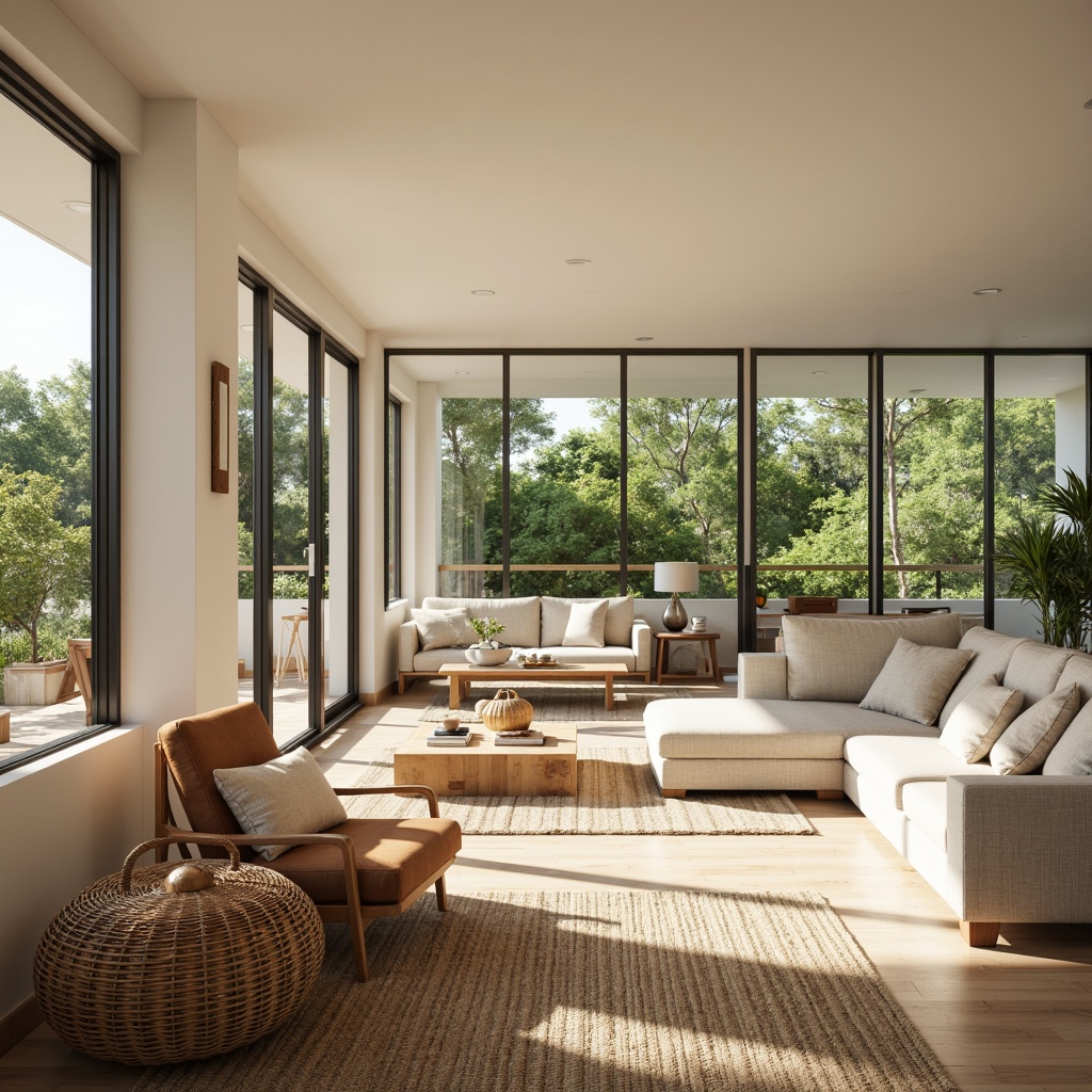 Prompt: Airy open-plan living room, large windows, sliding glass doors, minimalist decor, creamy white walls, polished wooden floors, greenery-filled balcony, natural textiles, woven rattan furniture, earthy color palette, soft warm lighting, indirect sunlight, 1/2 composition, shallow depth of field, realistic shadows, ambient occlusion.