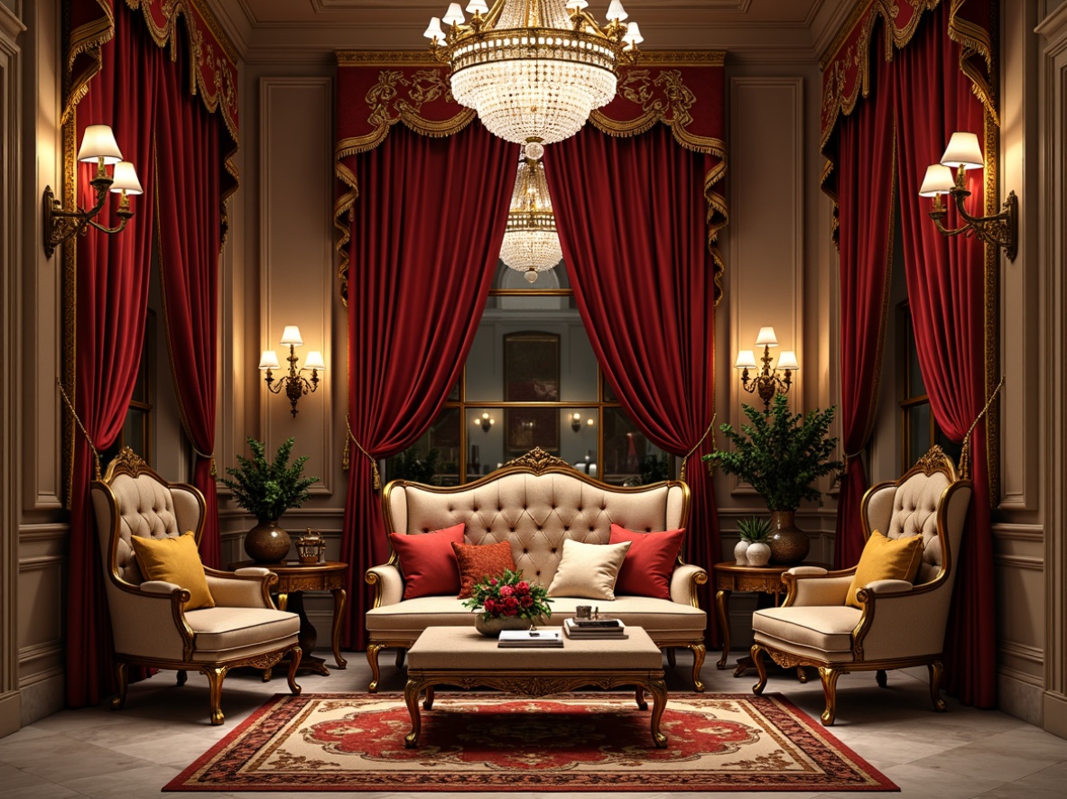 Prompt: Opulent velvet drapes, intricate gold embroidery, lavish silk fabrics, rich jewel-toned colors, ornate patterns, luxurious brocade upholstery, regal red accents, majestic golden frames, dramatic crystal chandeliers, exquisite marble surfaces, grandiose architectural details, soft warm lighting, shallow depth of field, 1/2 composition, realistic textures, ambient occlusion.