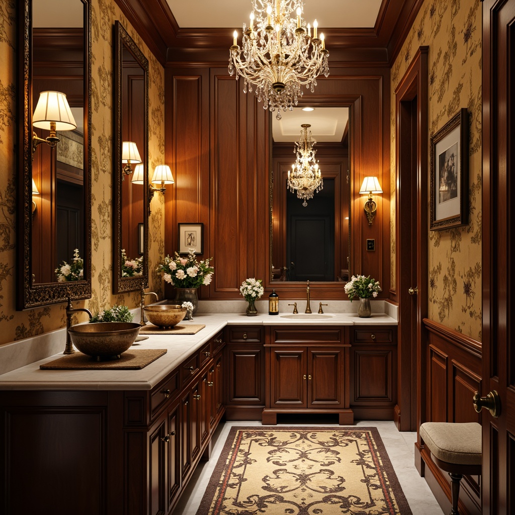 Prompt: Luxurious powder room, ornate mirrors, intricately carved wooden cabinets, crystal chandeliers, soft warm lighting, richly textured fabrics, antique bronze fixtures, marble countertops, elegant vessel sinks, traditional faucet designs, floral patterns, velvety drapes, subtle scents, intimate ambiance, shallow depth of field, 1/1 composition, realistic textures, ambient occlusion.