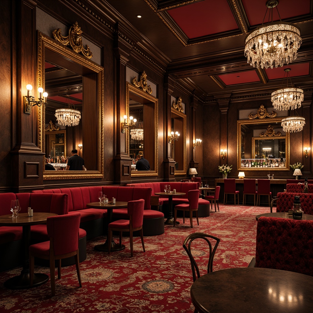 Prompt: Luxurious pub interior, rich velvet fabrics, ornate gilded frames, intricately carved wooden furniture, curved lines, antique bronze hardware, plush crimson upholstery, crystal chandeliers, marble countertops, rustic stone walls, dim warm lighting, 1/2 composition, shallow depth of field, realistic textures, ambient occlusion.