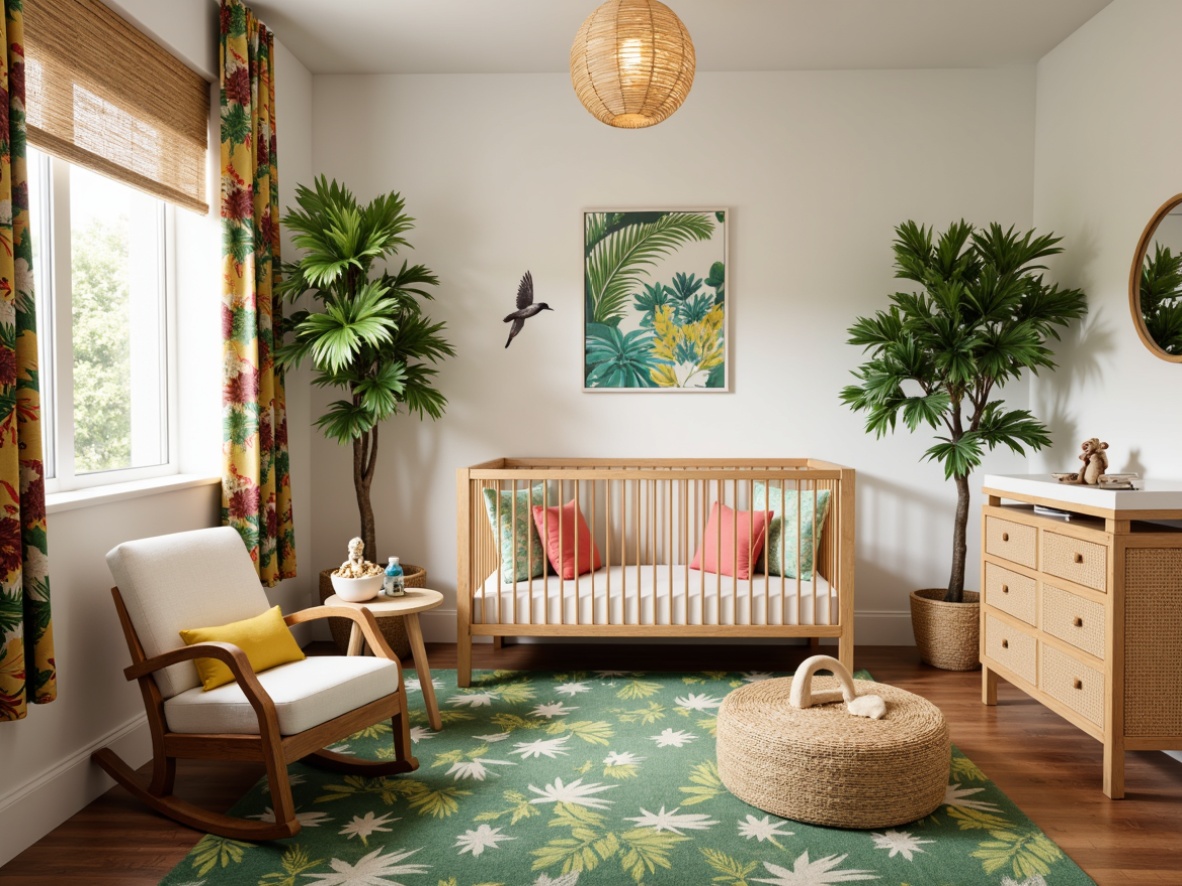 Prompt: Tropical baby room, natural wood crib, woven rattan changing table, plush green leaf-patterned rug, vibrant floral-print curtains, creamy white walls, warm wooden flooring, exotic bird-shaped mobile, colorful tassel-adorned drapes, woven wicker rocking chair, soft pastel-colored ottoman, lush artificial palm trees, sunny tropical-inspired wall art, bright coral-hued accent pillows, airy bamboo blinds, whimsical monkey-shaped decorative accents.