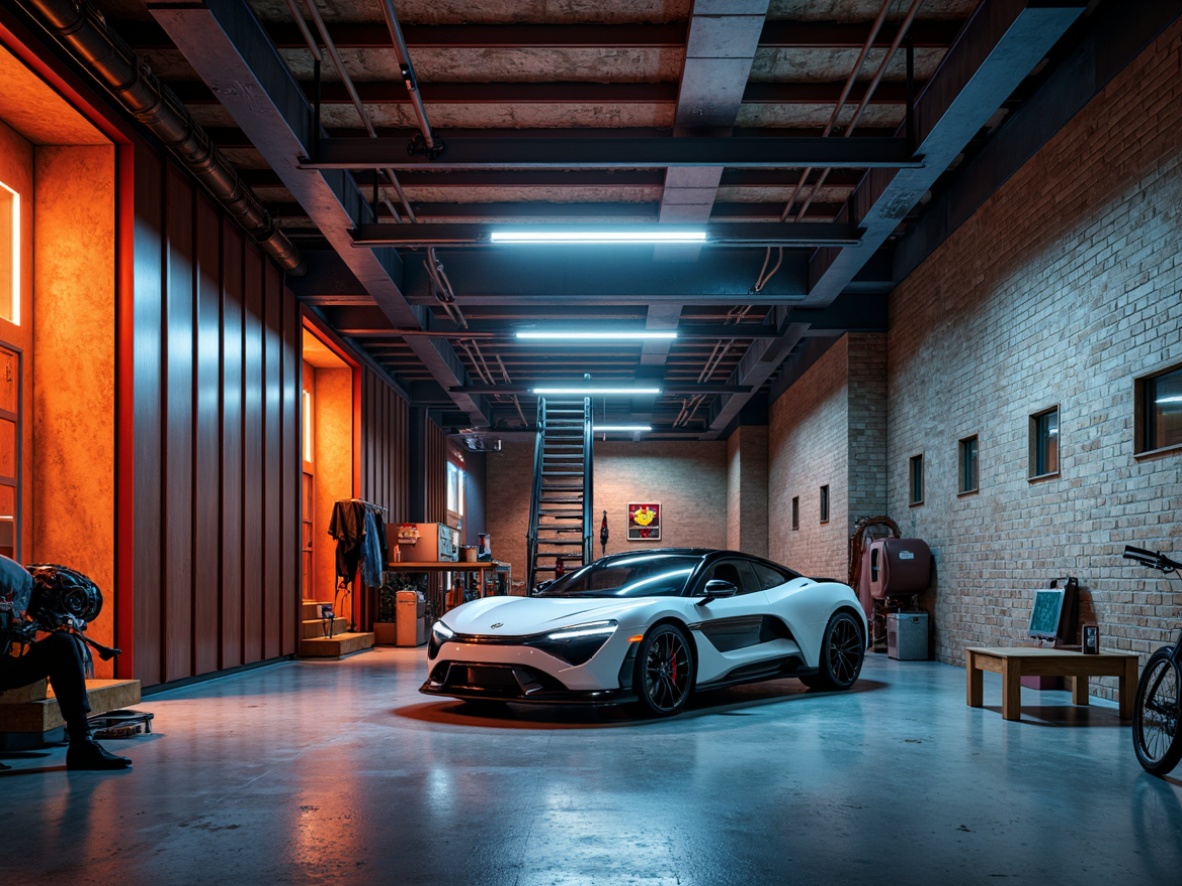 Prompt: Industrial-style garage, metallic accents, bold color scheme, rusty red tones, deep blue hues, neutral beige background, exposed brick walls, polished concrete floors, modern LED lighting, sleek steel beams, urban loft atmosphere, high-contrast shadows, dramatic spotlights, warm ambient glow, rich textures, realistic reflections.