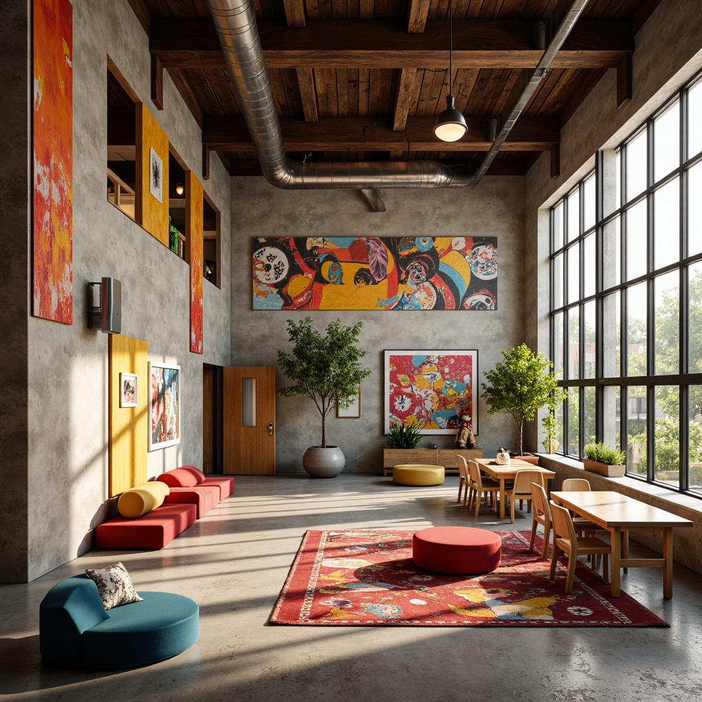 Prompt: Vibrant eclectic school interior, textured walls with bold colors, mixed media art pieces, industrial metal beams, reclaimed wood accents, colorful rug patterns, modern minimalist furniture, abstract geometric shapes, natural stone floors, warm cozy lighting, soft focus blur, shallow depth of field, 1/1 composition, realistic textures, ambient occlusion.