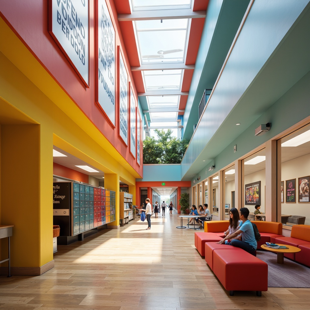 Prompt: Vibrant high school interior, bold color scheme, energetic corridors, youthful atmosphere, pastel hues, bright accent walls, motivational quotes, modern furniture, sleek metal lockers, polished wooden floors, natural light, clerestory windows, collaborative learning spaces, flexible seating arrangements, dynamic shapes, geometric patterns, playful textures, inspiring artwork, stimulating classroom environments, soft warm lighting, shallow depth of field, 3/4 composition, realistic renderings.