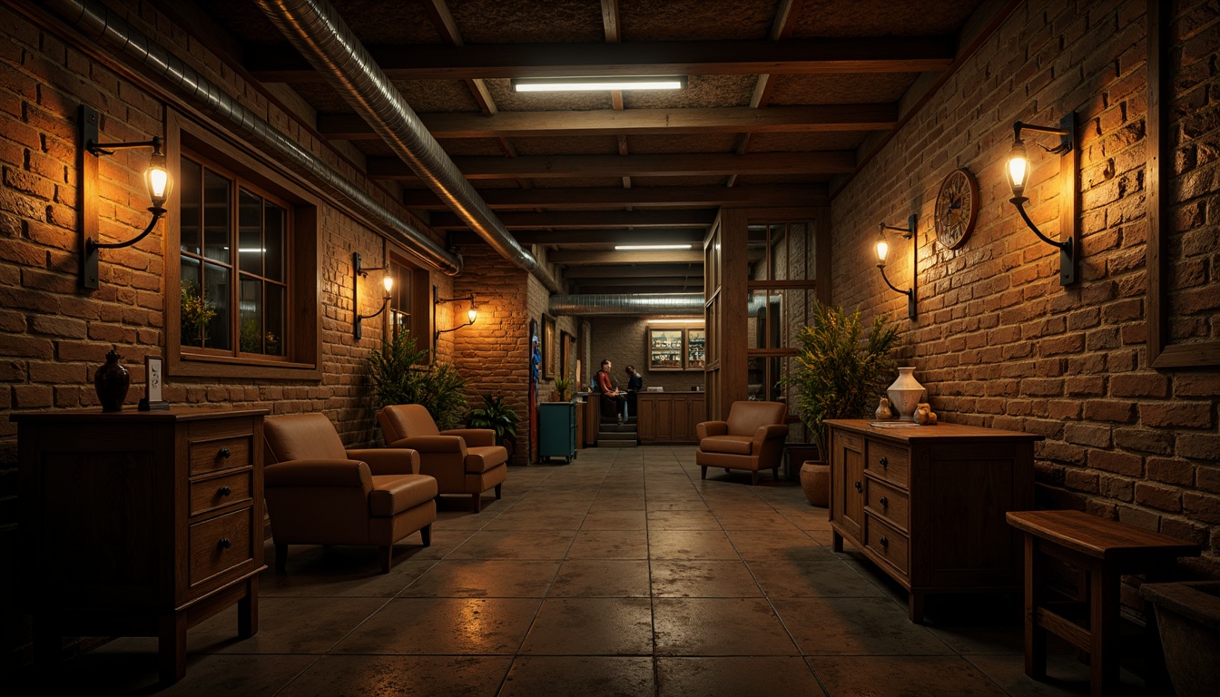 Prompt: Dark atmospheric basement, exposed brick walls, rough stone textures, metallic pipes, industrial-style lighting, distressed wood accents, vintage furniture pieces, mysterious shadows, eerie ambiance, warm golden lighting, shallow depth of field, 2/3 composition, realistic render, ambient occlusion, detailed normal maps.