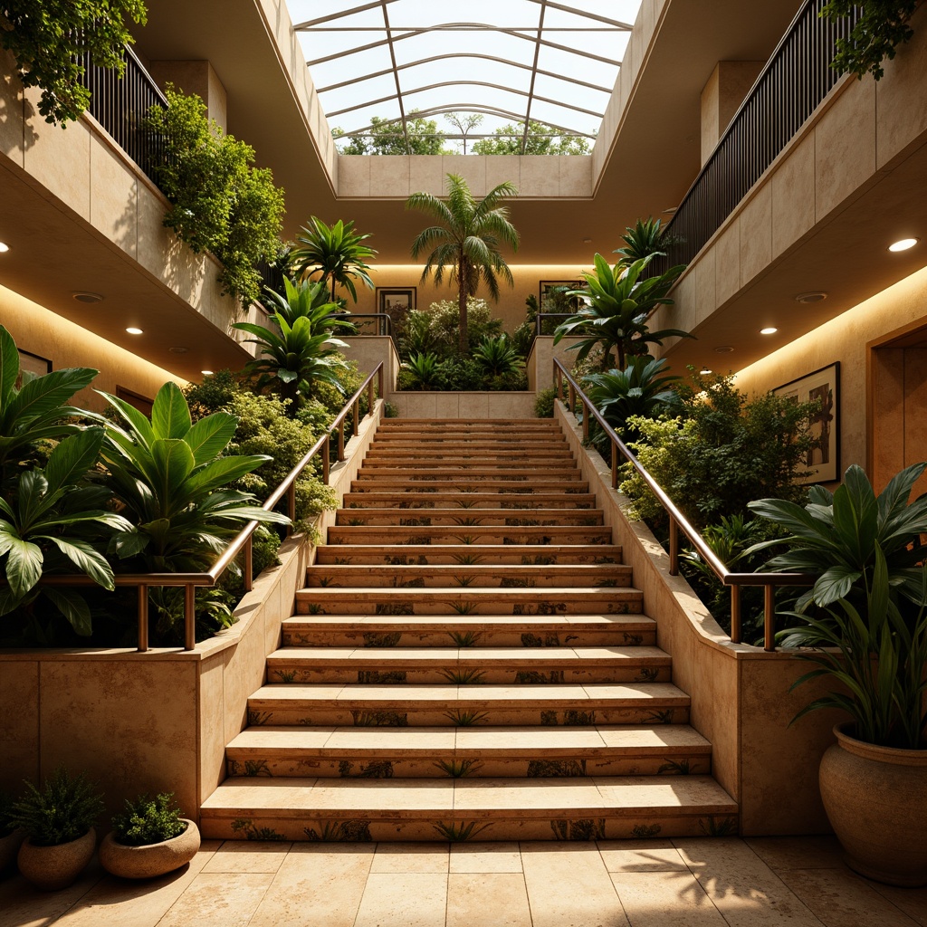 Prompt: Tropical staircase, warm golden lighting, soft ambient glow, recessed LED lights, elegant chrome railings, rich wooden treads, exotic botanical patterns, lush greenery surroundings, natural stone walls, warm beige carpeting, spacious open-plan design, dramatic high ceilings, skylight above, bright sunny day, soft warm shadows, shallow depth of field, 1/1 composition, realistic textures, ambient occlusion.