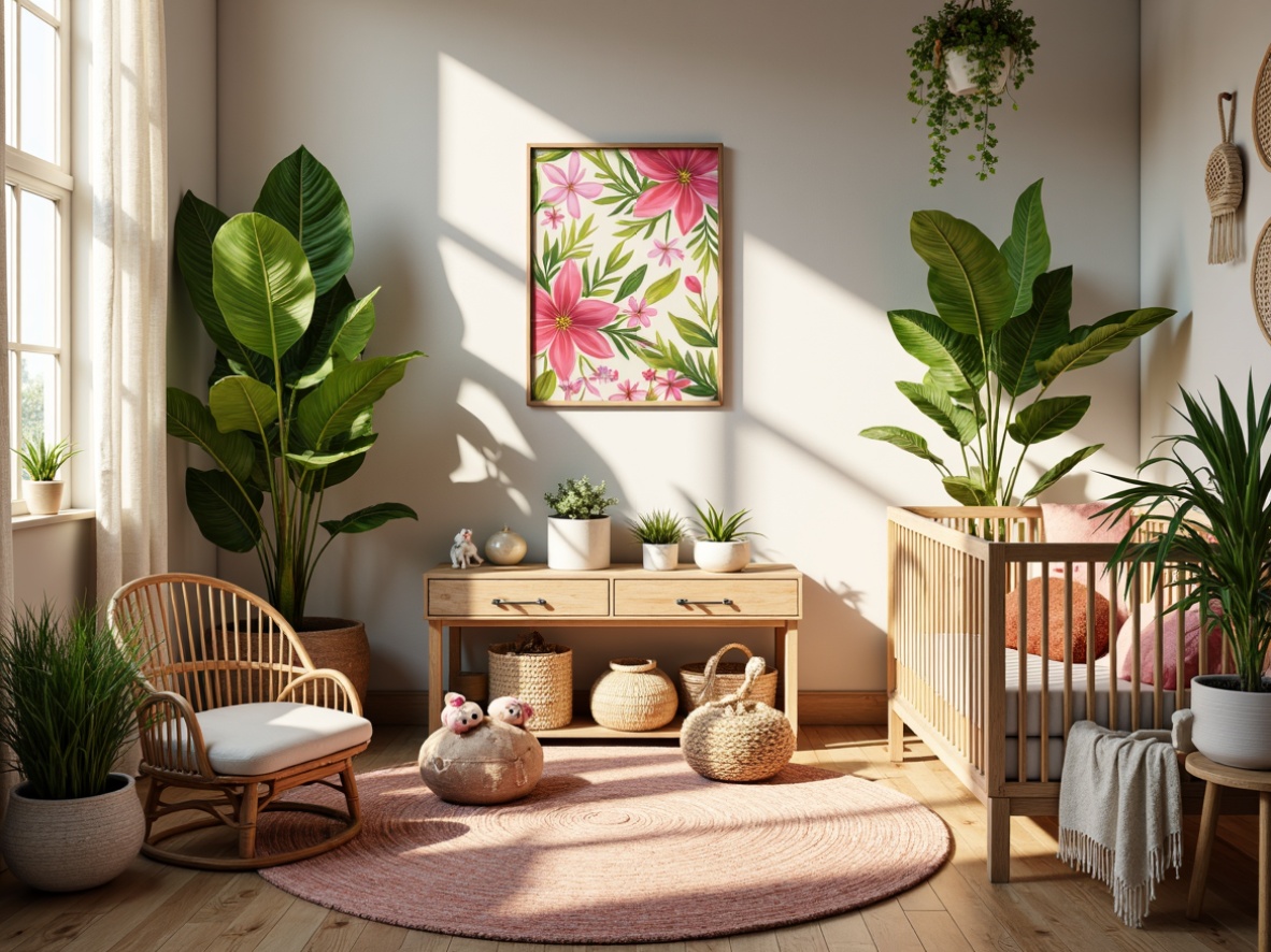 Prompt: Vibrant tropical baby room, colorful woven textiles, exotic floral patterns, soft plush fabrics, natural fibers, rattan furniture, wicker cribs, wooden accents, lush greenery, potted palms, hanging plants, warm sunny lighting, shallow depth of field, 1/1 composition, realistic textures, ambient occlusion, pastel colors, creamy whites, rich wood tones, woven baskets, macrame details, natural linen drapes, ocean-inspired artwork, coral motifs, seashell decorations.