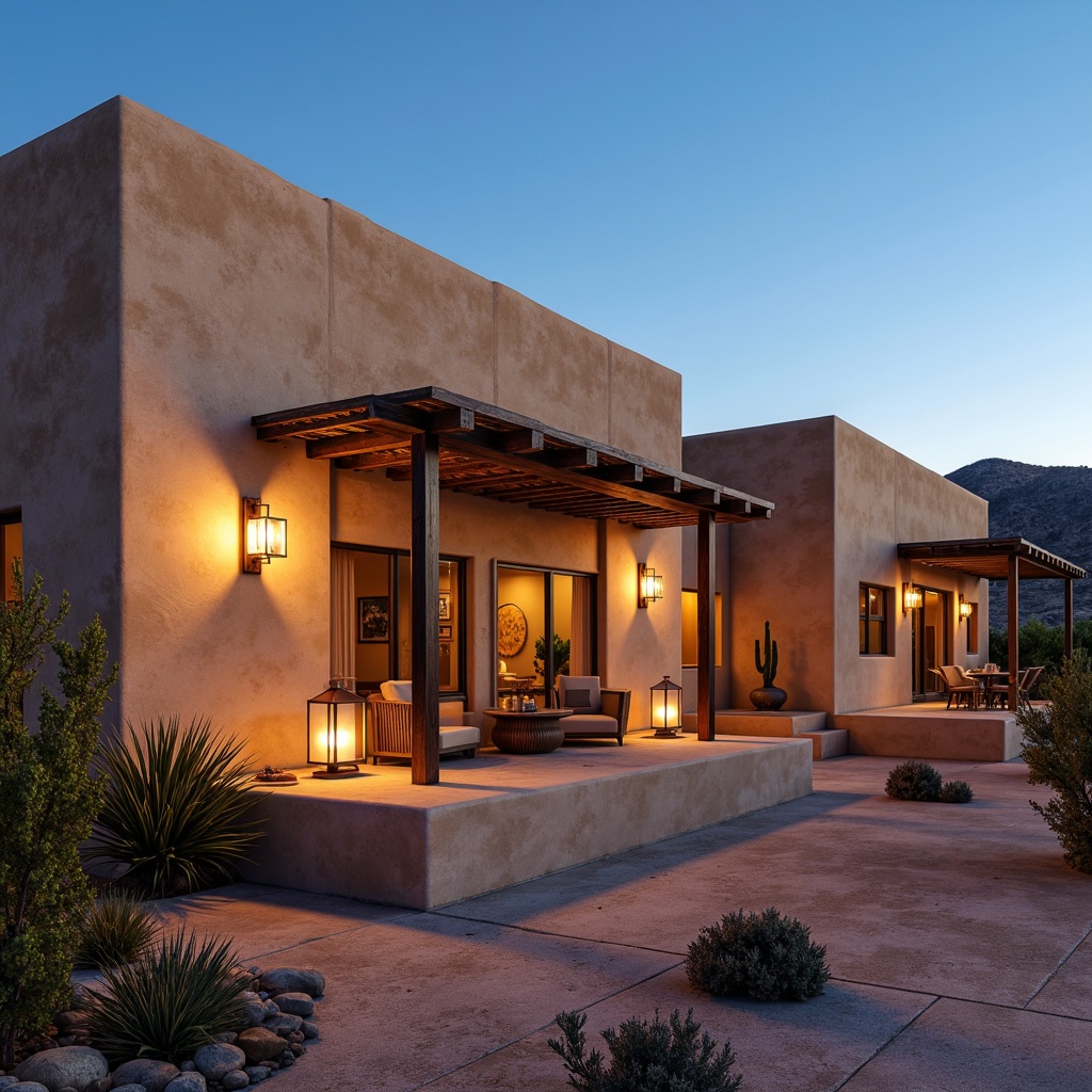 Prompt: \Southwestern style building, rustic adobe walls, earthy tones, warm beige stucco, terracotta roof tiles, wooden accents, wrought iron details, lantern-style lighting fixtures, pendant lamps, candles, soft warm glow, ambient lighting, cozy atmosphere, desert landscape, cacti plants, sandy dunes, clear blue sky, sunny day, shallow depth of field, 3/4 composition, panoramic view, realistic textures, ambient occlusion.\