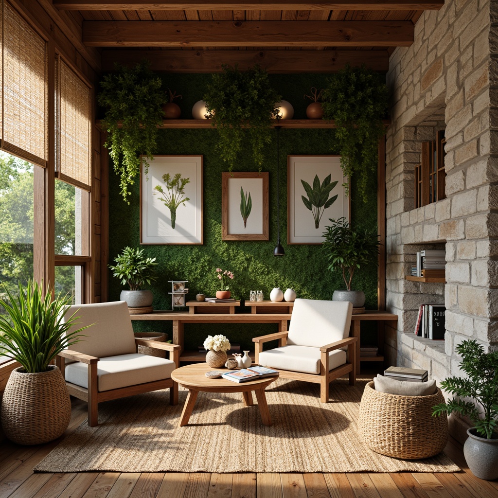 Prompt: Earthy tones, reclaimed wood accents, natural stone walls, woven rattan furniture, jute rug, organic shapes, botanical prints, potted plants, living green walls, bamboo flooring, wooden beams, exposed brick, industrial chic decor, cozy reading nook, warm lighting, soft shadows, 1/2 composition, intimate atmosphere, tactile textures, earthy color palette.