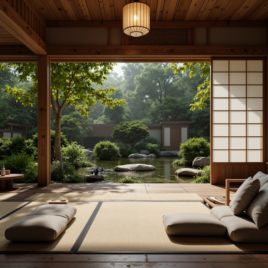 Prompt: \Serenene Japanese garden, traditional tatami mats, sliding shoji screens, natural wood accents, paper lanterns, minimalist decor, low-seating furniture, subtle textile patterns, muted color palette, warm ambient lighting, shallow depth of field, 1/1 composition, realistic wooden textures, ambient occlusion, lush greenery, peaceful atmosphere.\