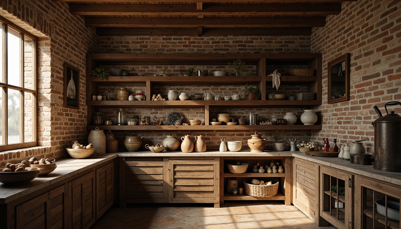 Prompt: Rustic pantry interior, distressed wood shelves, worn brick walls, vintage metal utensils, earthy ceramic jars, rough-hewn stone countertops, warm golden lighting, soft focus, shallow depth of field, 1/2 composition, Dutch angle shot, film grain texture, high-contrast color palette, Expressionist brushstrokes, thick paint layers, bold geometric patterns, abstracted still-life composition.