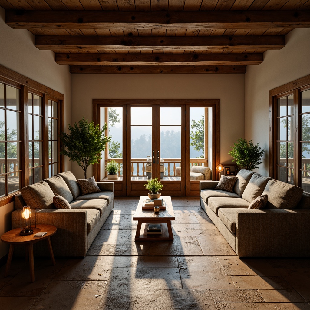 Prompt: Cozy living room, warm ambient lighting, soft glow, comfortable seating, plush couches, wooden coffee tables, natural stone flooring, earthy color palette, large windows, gentle daylight, subtle shadows, 1/1 composition, intimate atmosphere, realistic textures, ambient occlusion.